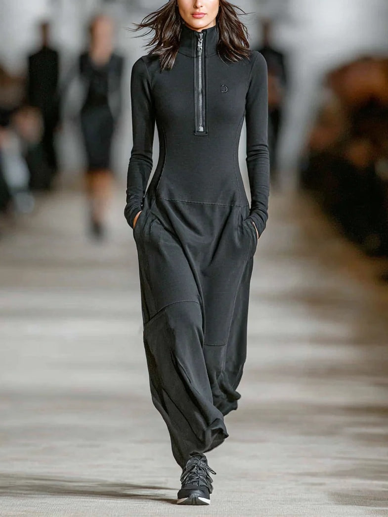 LUNA | TURTLENECK ZIP-UP LOOSE-FITTING CASUAL DRESS